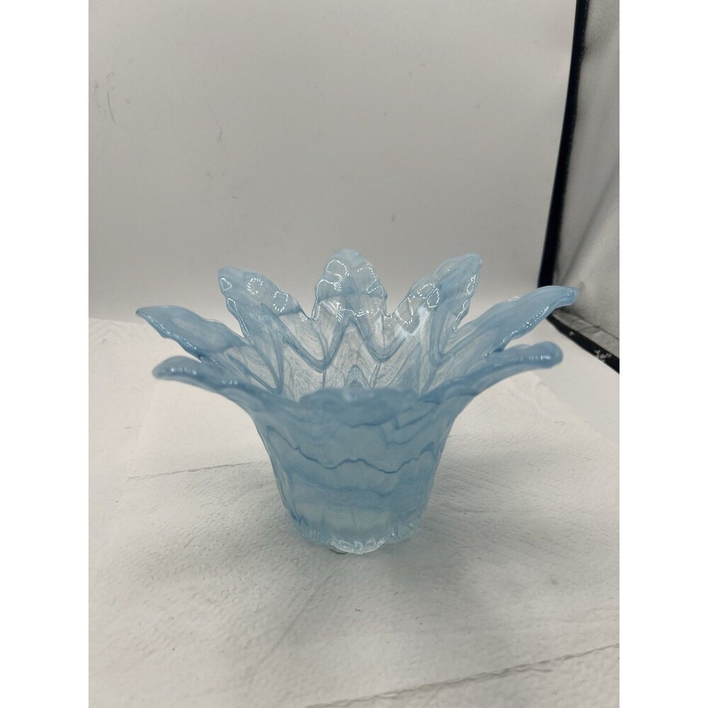 Vintage Lavorazione Arte Murano Teal Blue Art Glass Flower Candy / Candle Holder